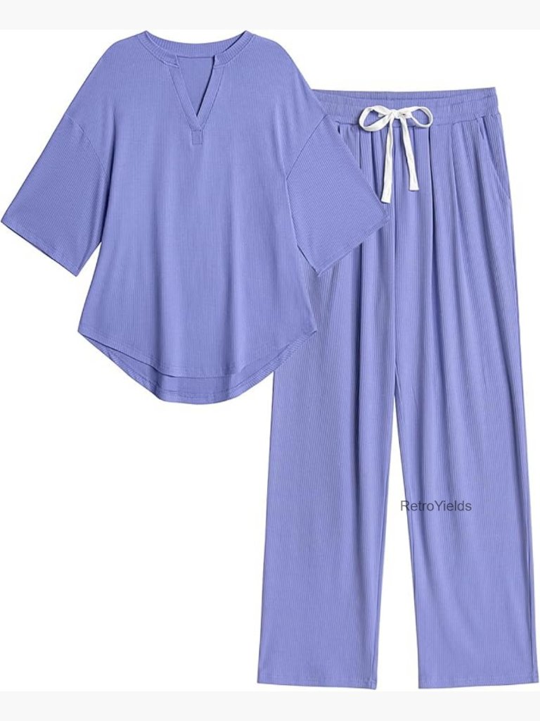 Women's 2 Piece Lounge Set V-Neck Top Wide Leg Pants Pockets